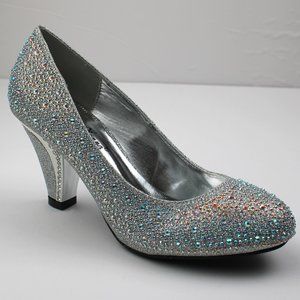 🔥 Women's Low Heel Rhinestone Silver Knit Round Toe Low Heel Pump Shoe Dressy
